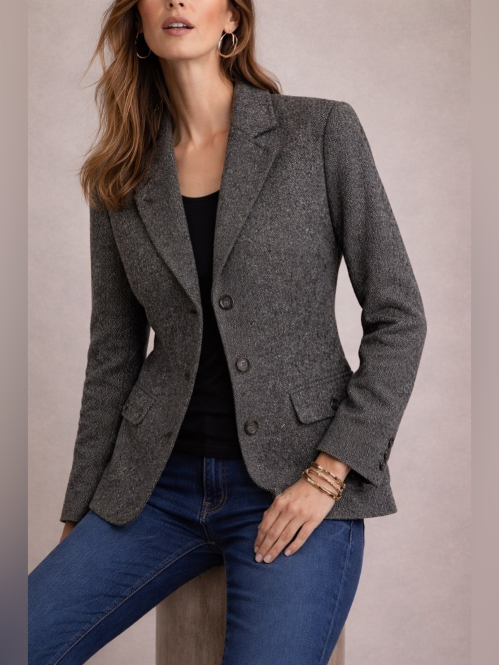 LL Bean Large Blazer Jacket Gray Wool Silk Herringbone Tweed 3 Button Classy